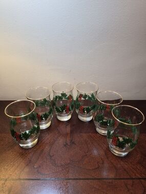 Libbey Poinsetta Red Bow Stemless‎ Glasses with Gold Rim - Set of 6